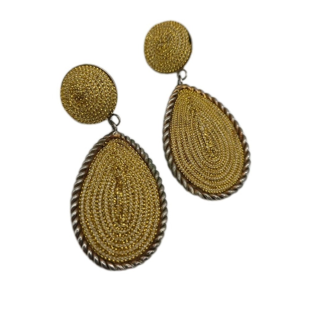 Vintage Bold Gold Tone Rope Large Teardrop Statement Earrings Clip On Disco 80s